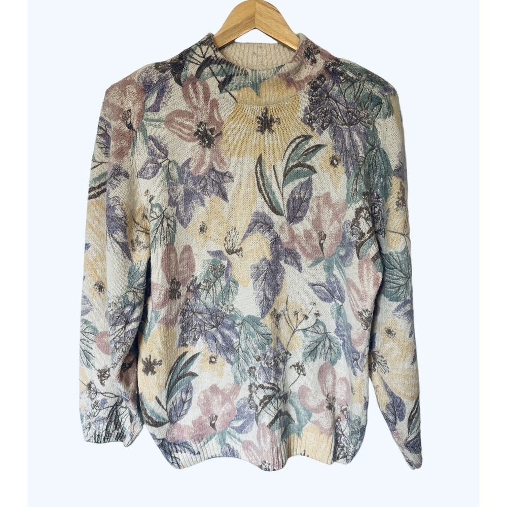 Vintage Silk Angora Lambswool Floral Shoulder Pads Sweater Colter Bay Medium